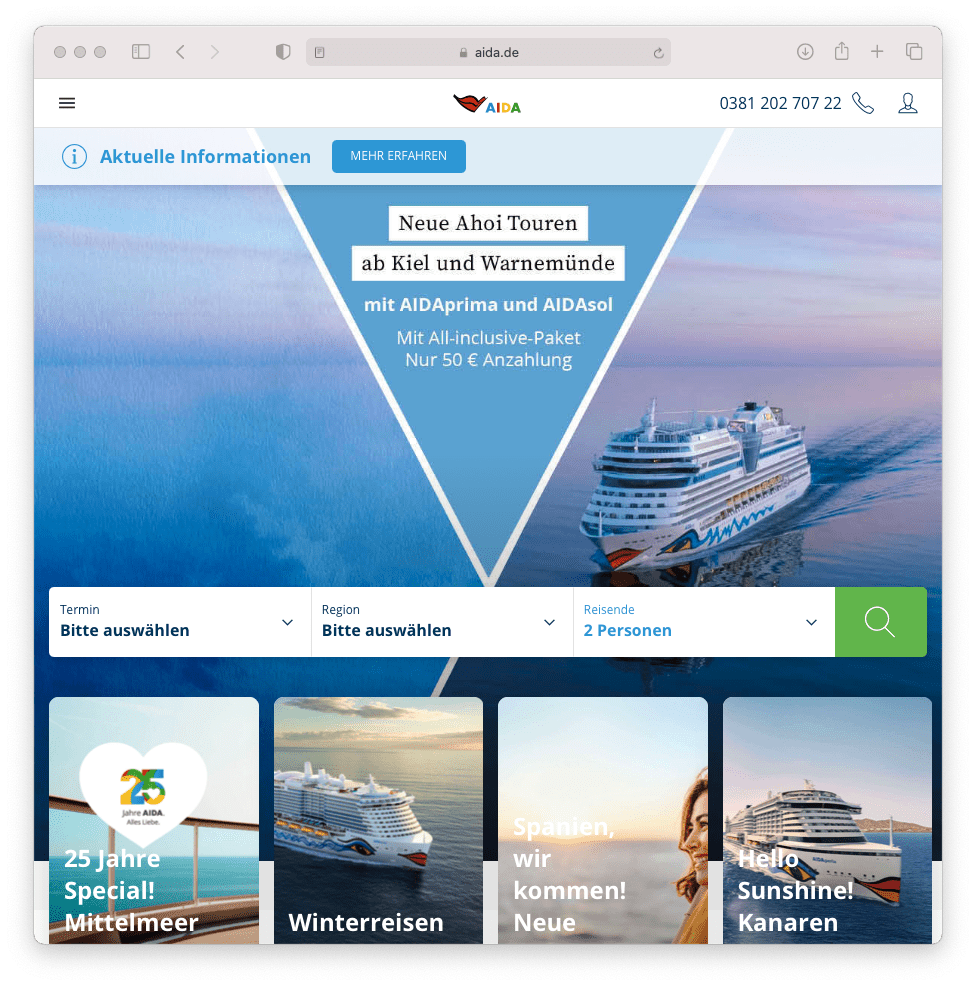 Kreuzfahrt Software für AIDA Cruises - Internet Booking Engine