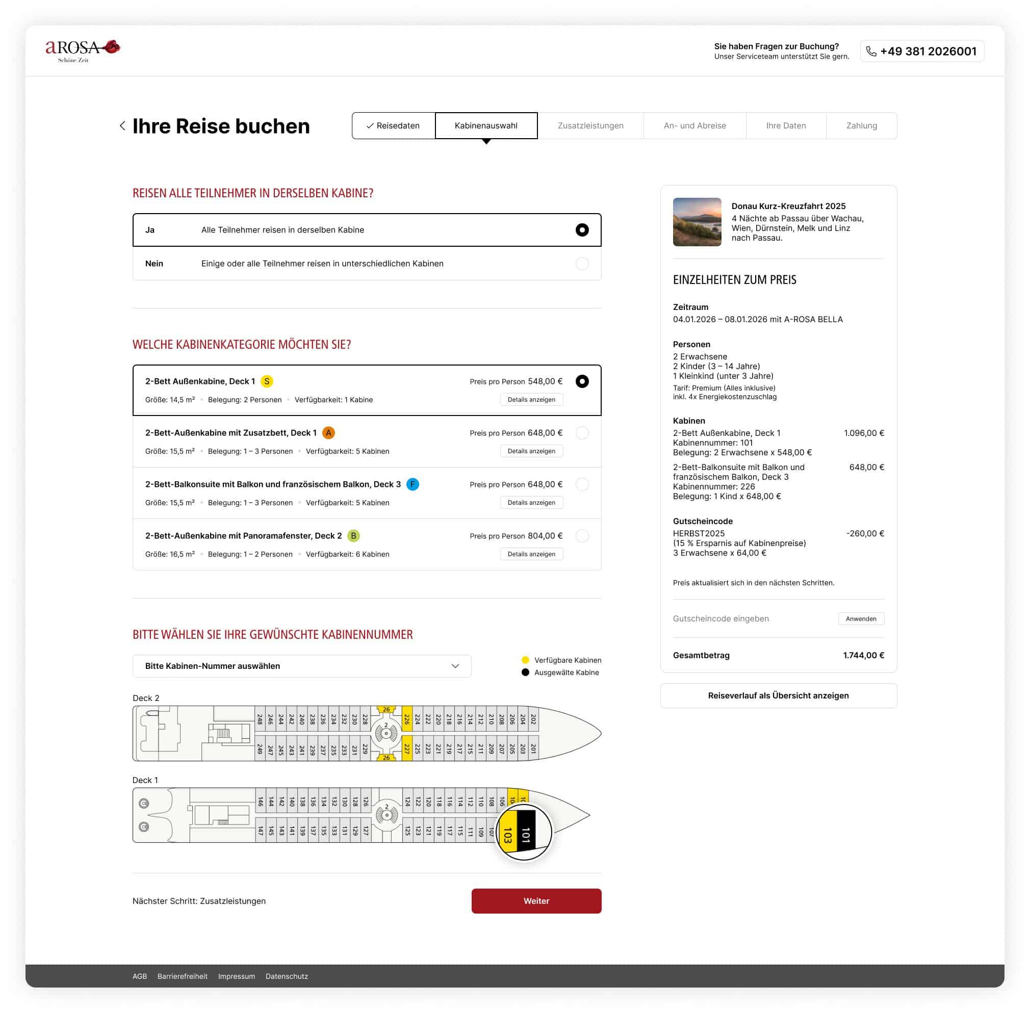A-ROSA B2C Buchungsstrecke Kabinenauswahl
